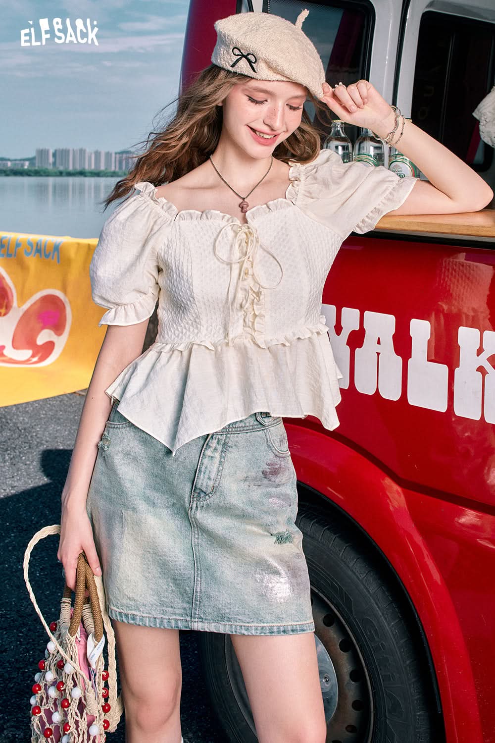 ELFSACK Brushed silver hole high waist A-line skirt, women's versatile denim short skirt