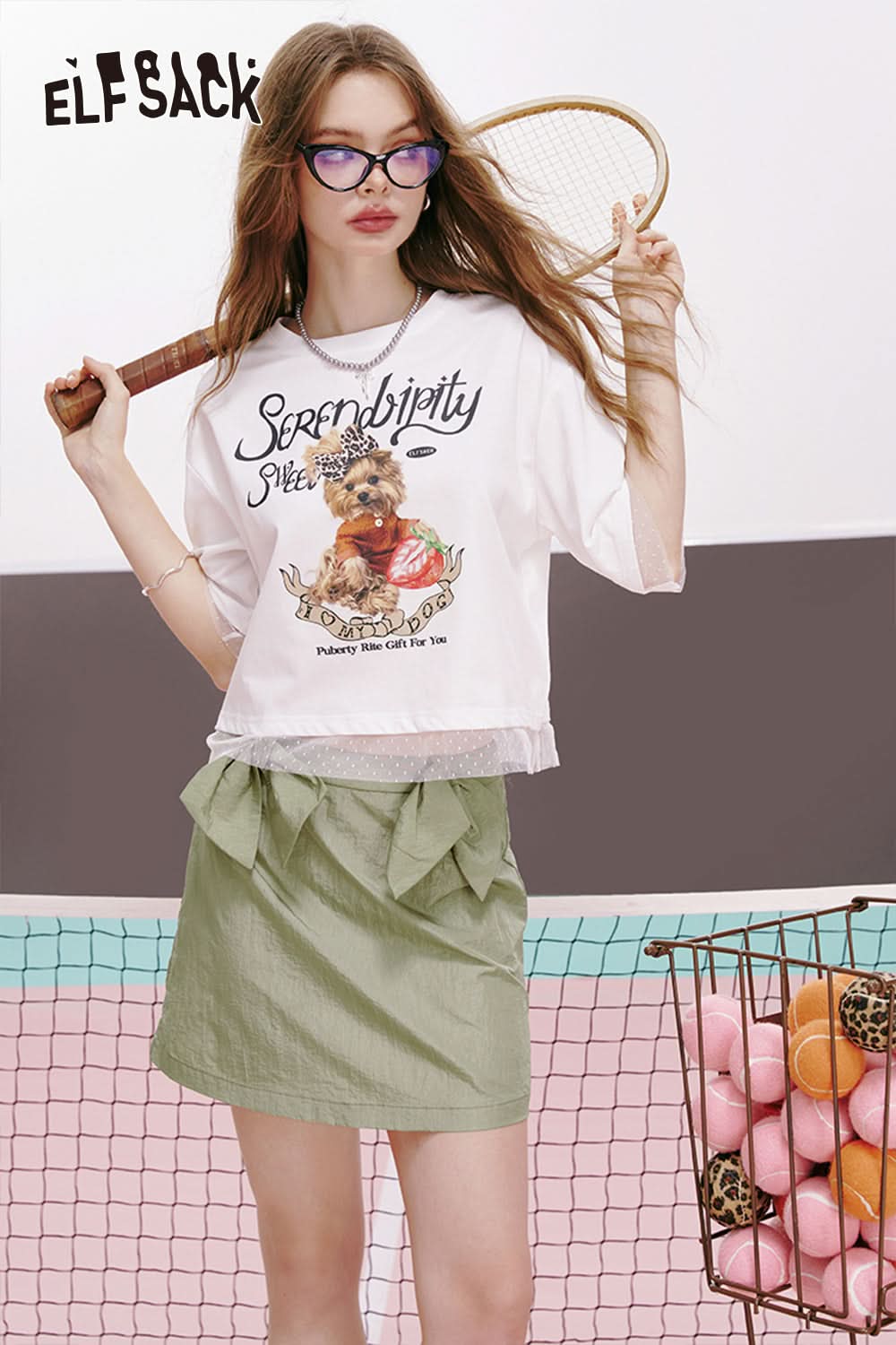 ELFSACK Green bow a-line slim breathable all-match workwear skirt