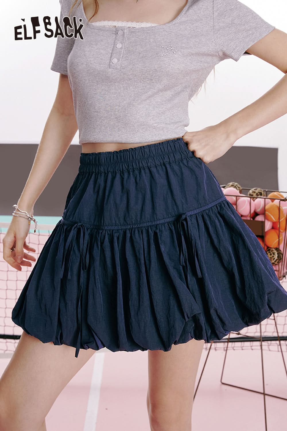 ELFSACK Dark blue a-line bow bud pleated sweet slim cake skirt