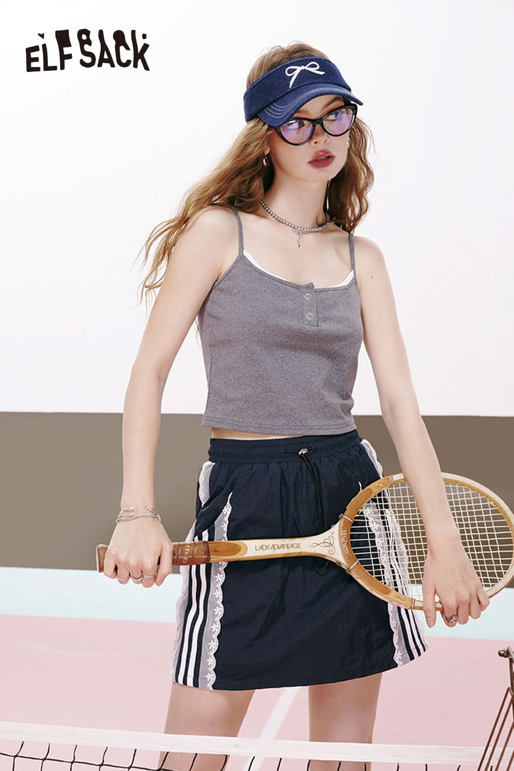 ELFSACK Cyan lace stitching A-line casual sports breathable workwear skirt