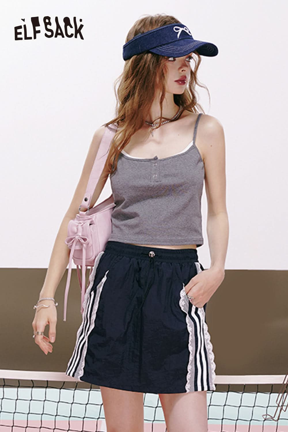 ELFSACK Cyan lace stitching A-line casual sports breathable workwear skirt