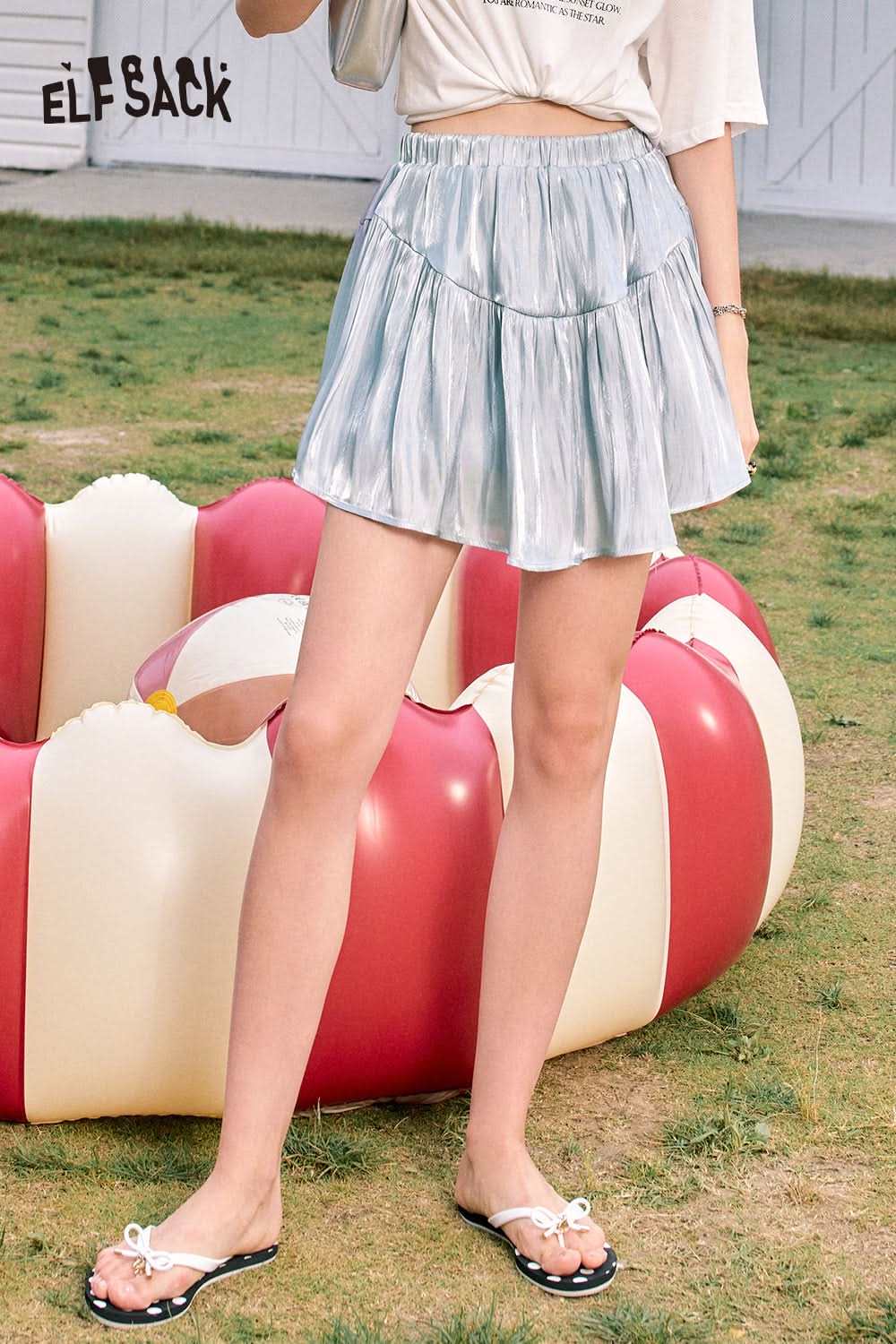 ELFSACK Green shiny satin drape gentle style temperament cake a-line skirt