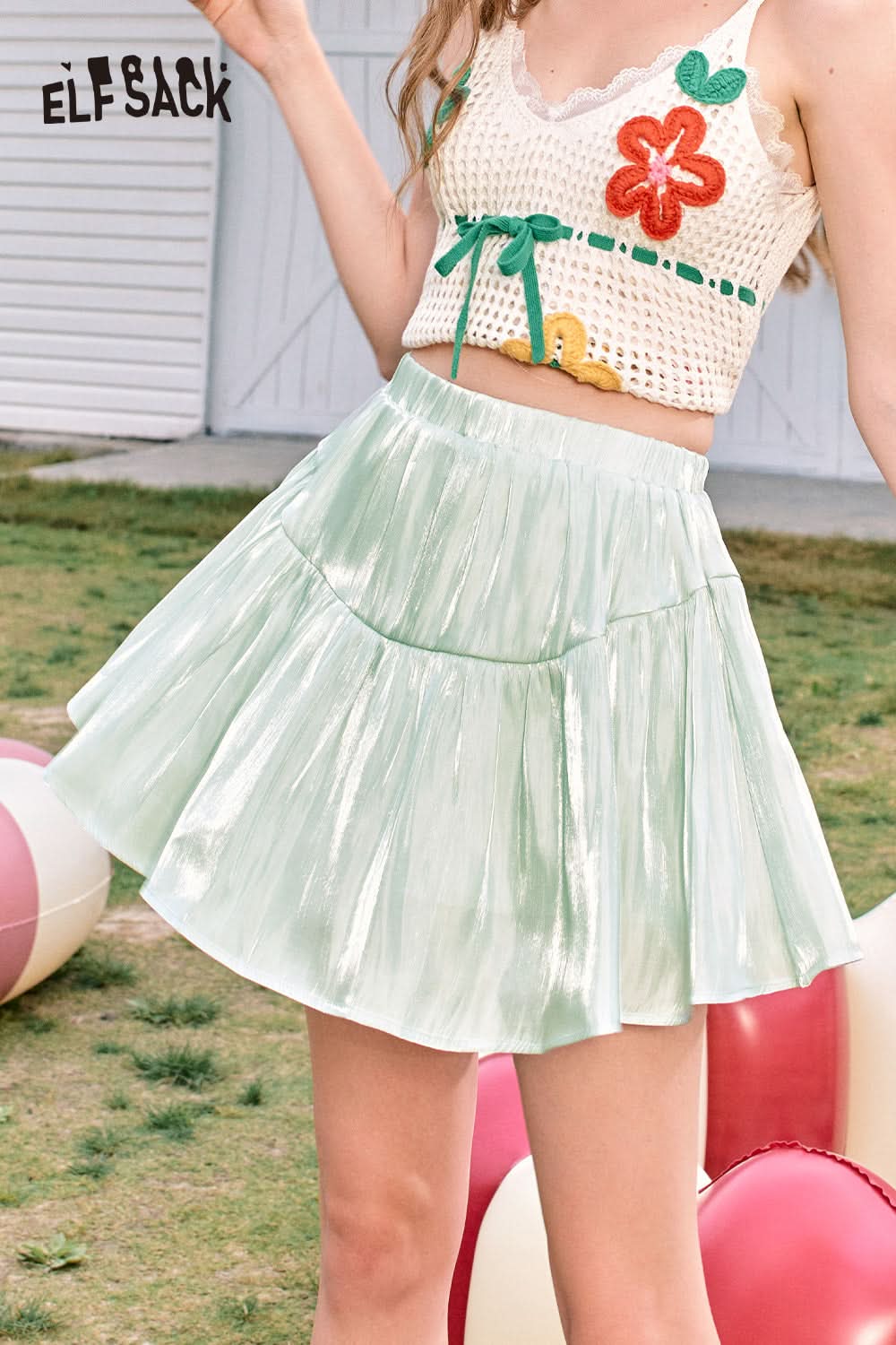 ELFSACK Green shiny satin drape gentle style temperament cake a-line skirt