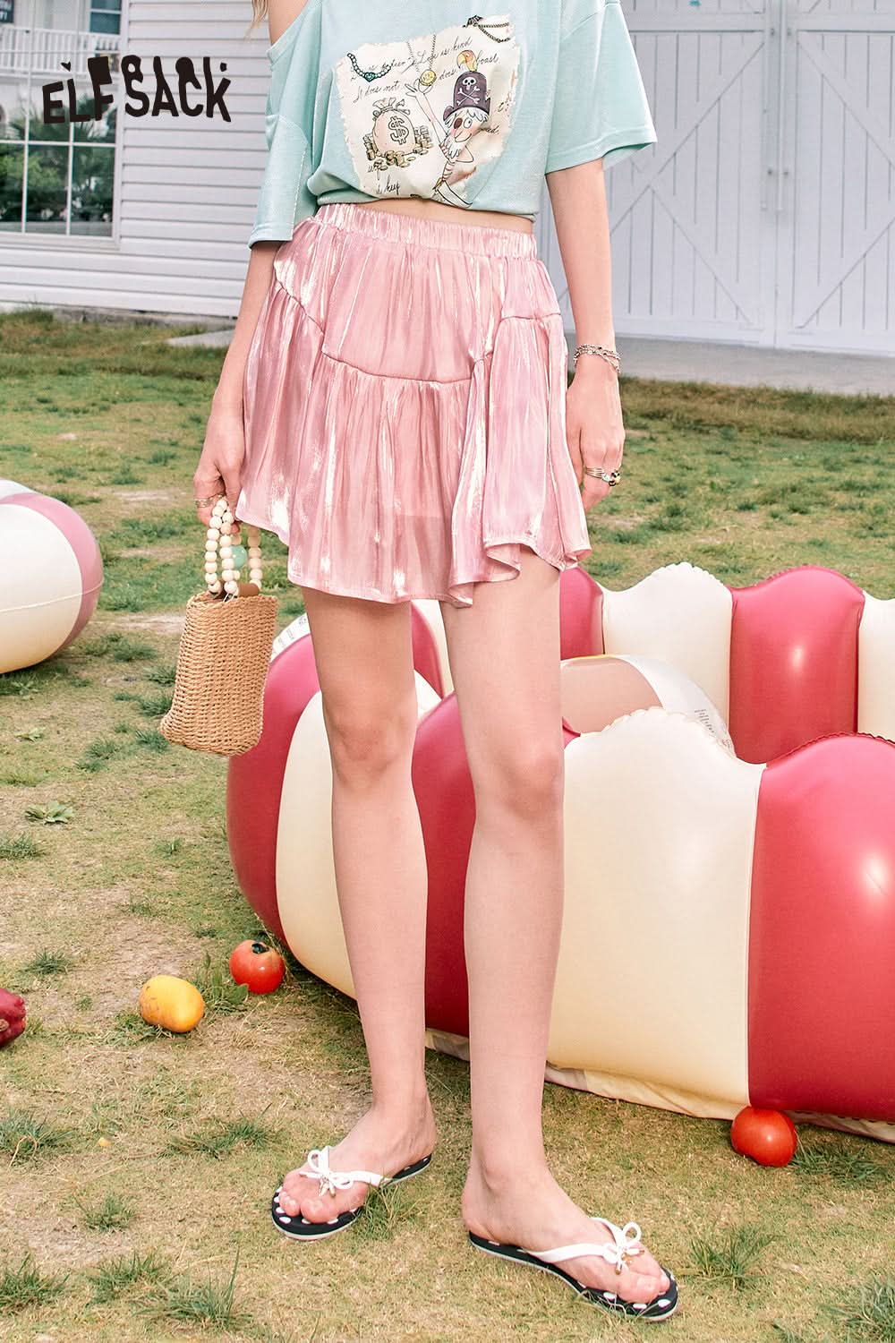 ELFSACK Green shiny satin drape gentle style temperament cake a-line skirt