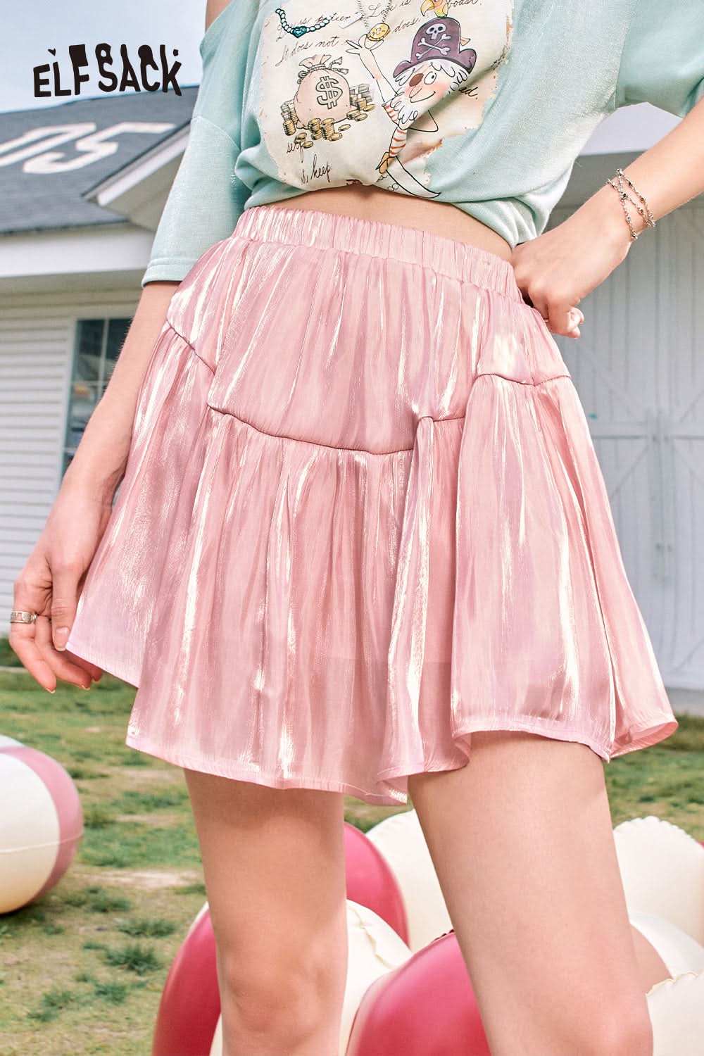 ELFSACK Green shiny satin drape gentle style temperament cake a-line skirt