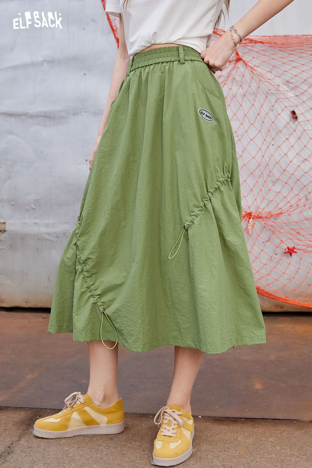ELFSACK High waisted A-line skirt with irregular drawstring design, long skirt