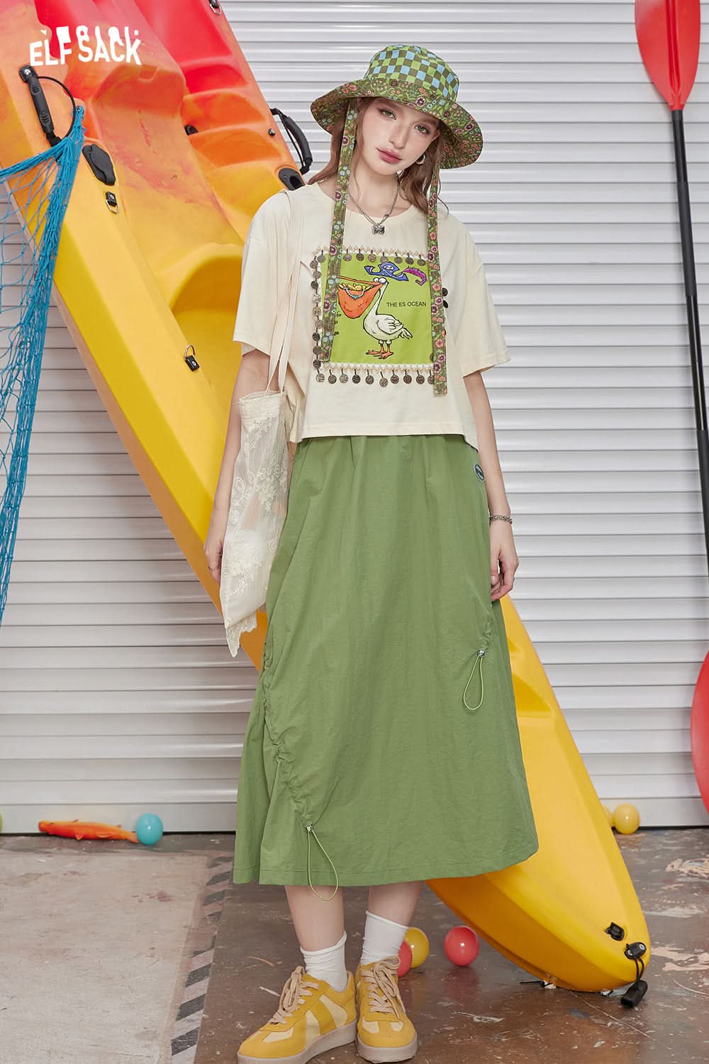 ELFSACK High waisted A-line skirt with irregular drawstring design, long skirt