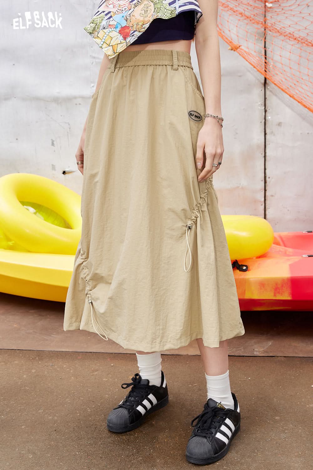 ELFSACK High waisted A-line skirt with irregular drawstring design, long skirt