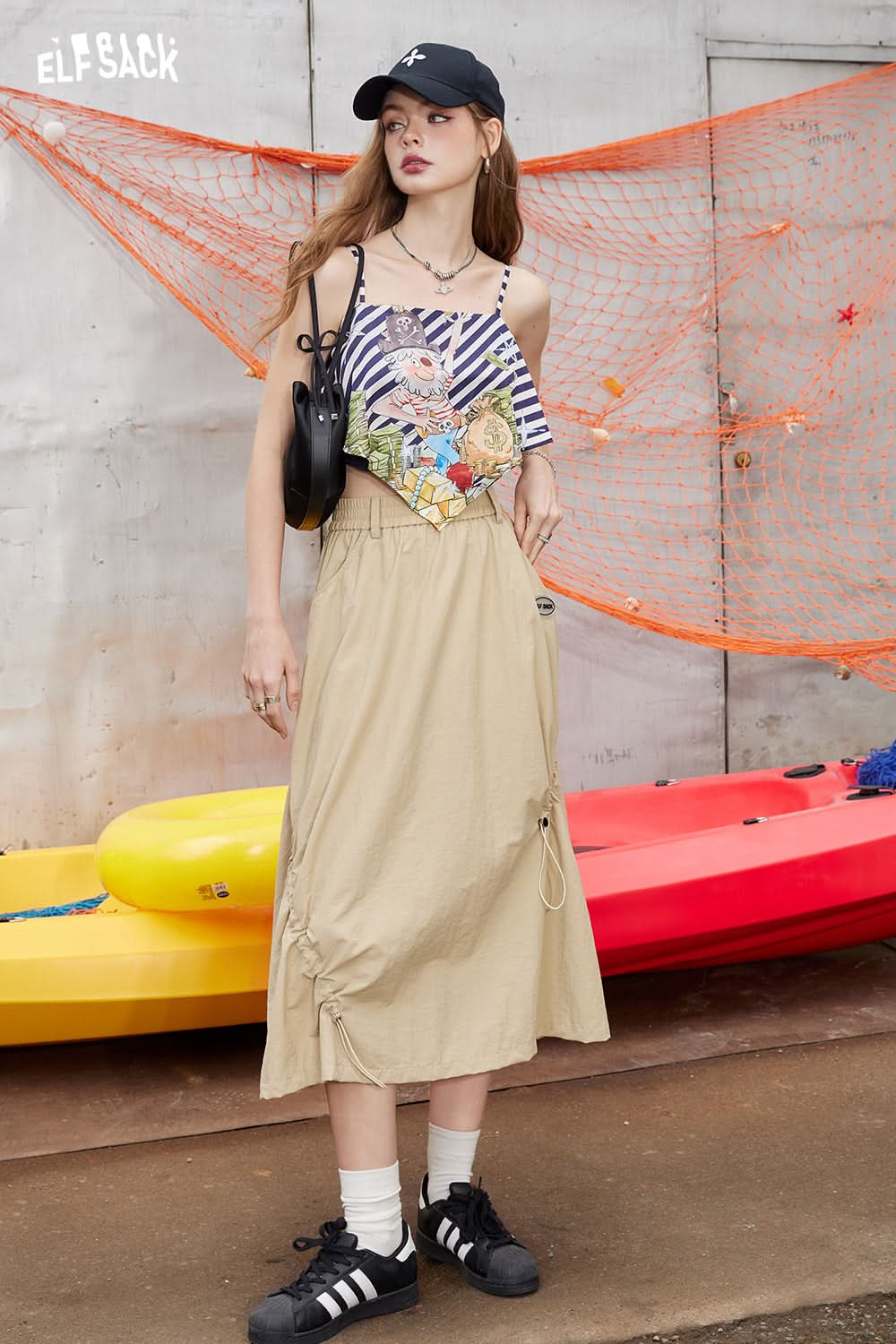 ELFSACK High waisted A-line skirt with irregular drawstring design, long skirt