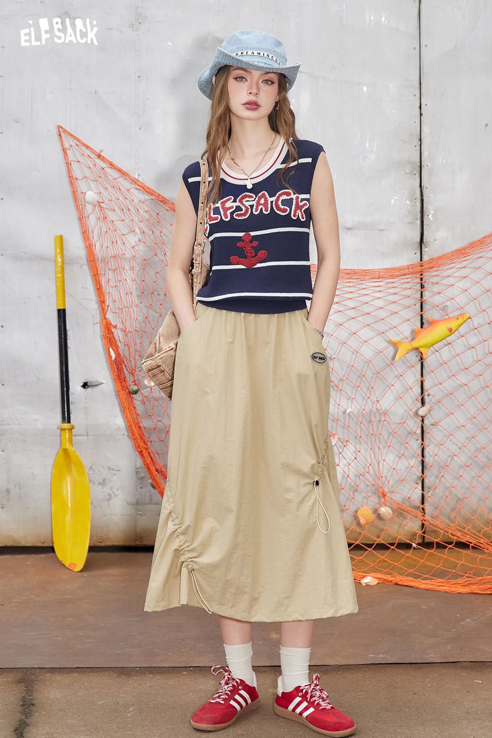 ELFSACK High waisted A-line skirt with irregular drawstring design, long skirt