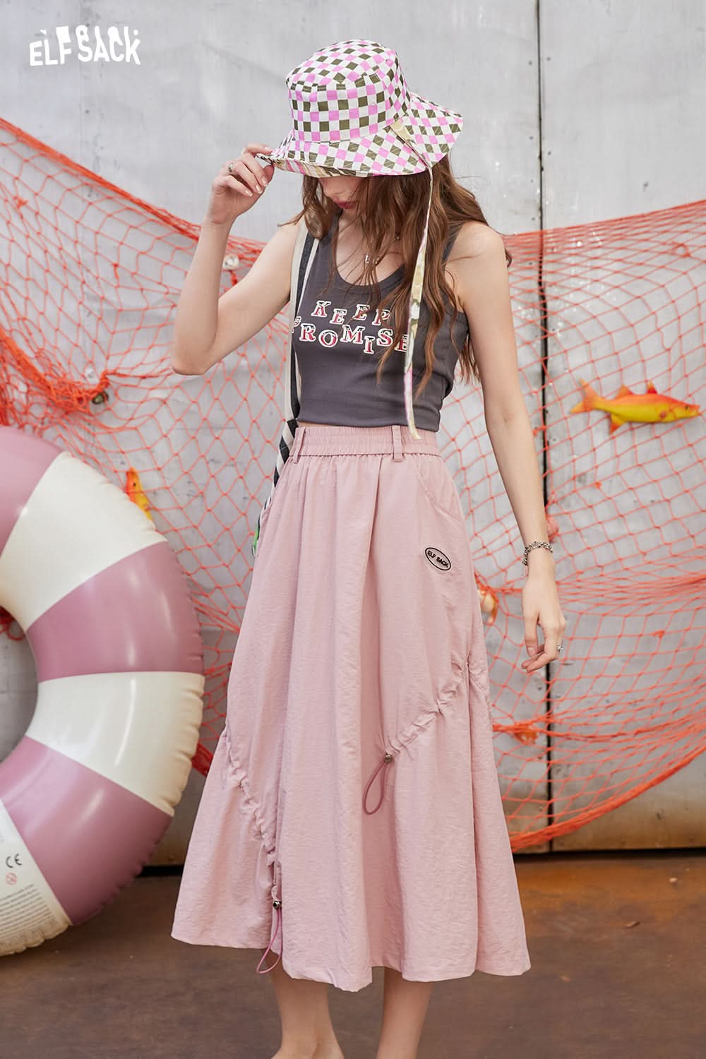 ELFSACK High waisted A-line skirt with irregular drawstring design, long skirt