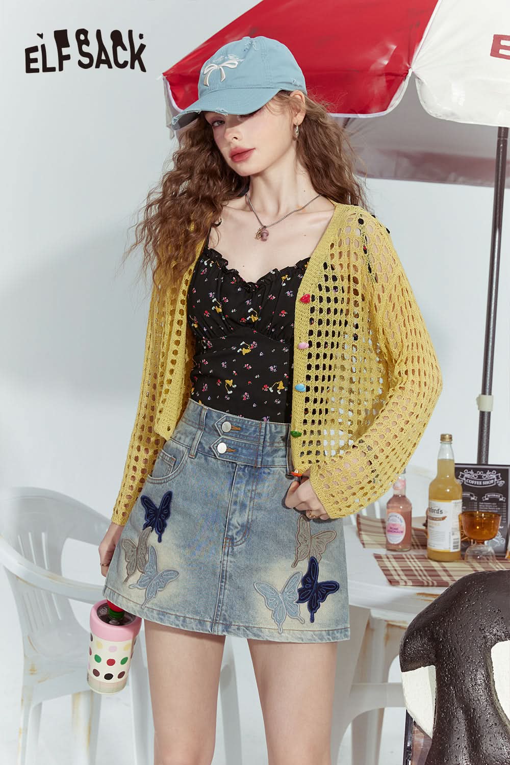 ELFSACK Butterfly pattern light color high waist distressed slim fit jeans