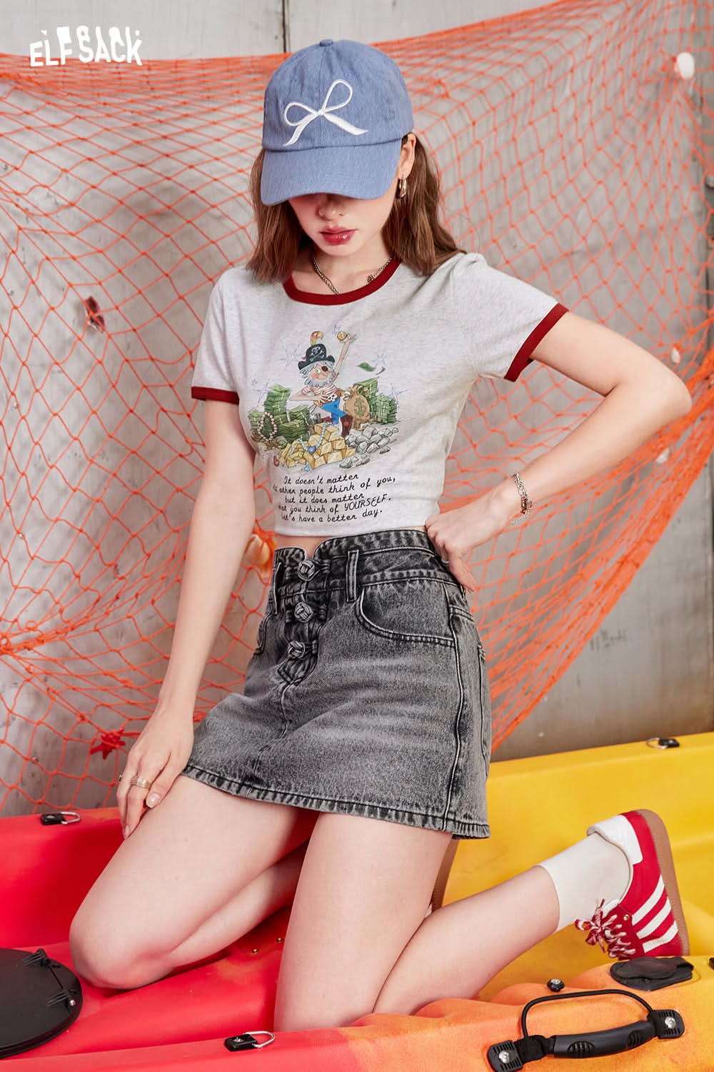 ELFSACK High waisted A-line gray midi skirt with women's buckle design denim short skirt