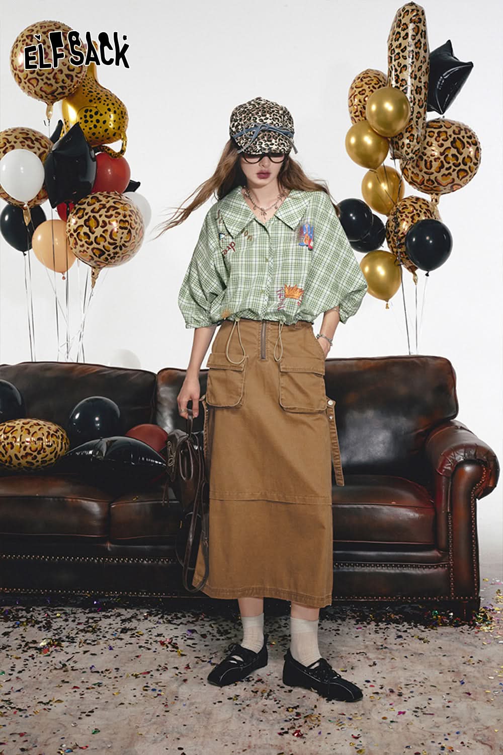 ELFSACK Washed denim workwear skirt, women's large pocket, pure cotton long skirt