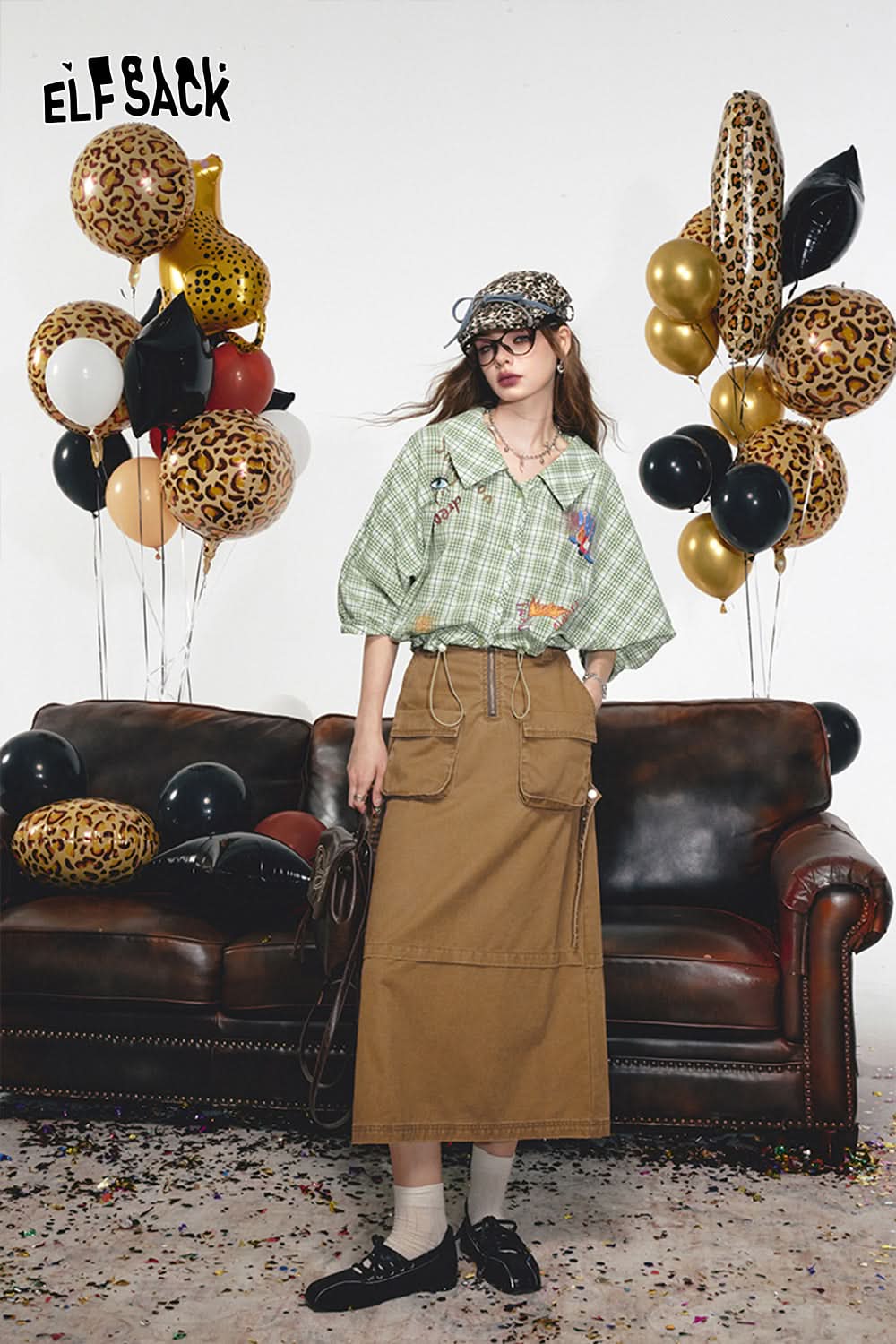 ELFSACK Washed denim workwear skirt, women's large pocket, pure cotton long skirt