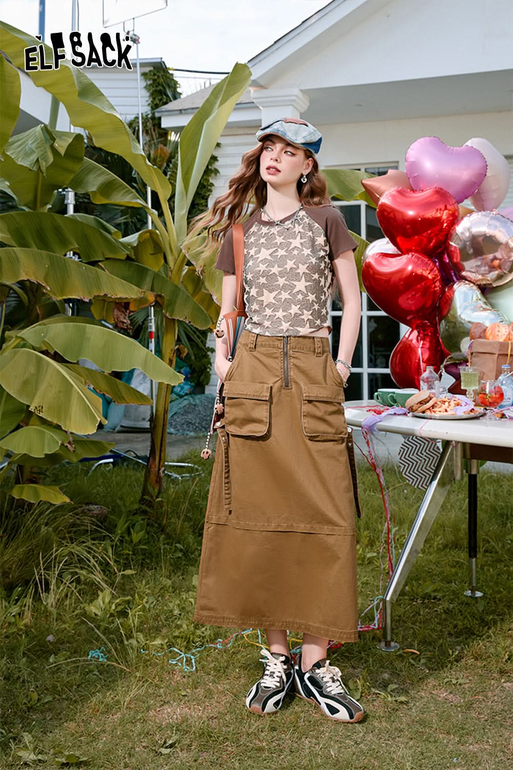 ELFSACK Washed denim workwear skirt, women's large pocket, pure cotton long skirt