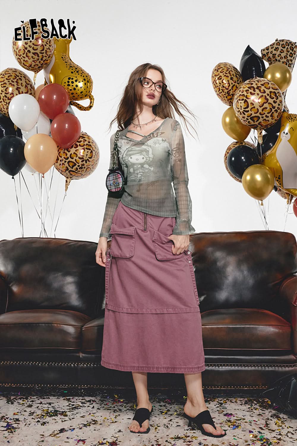 ELFSACK Washed denim workwear skirt, women's large pocket, pure cotton long skirt