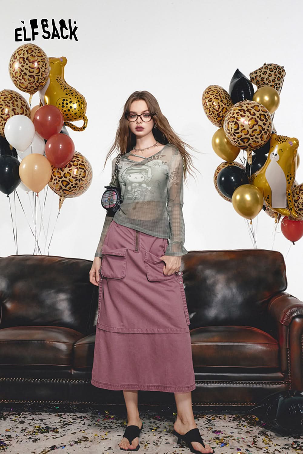 ELFSACK Washed denim workwear skirt, women's large pocket, pure cotton long skirt