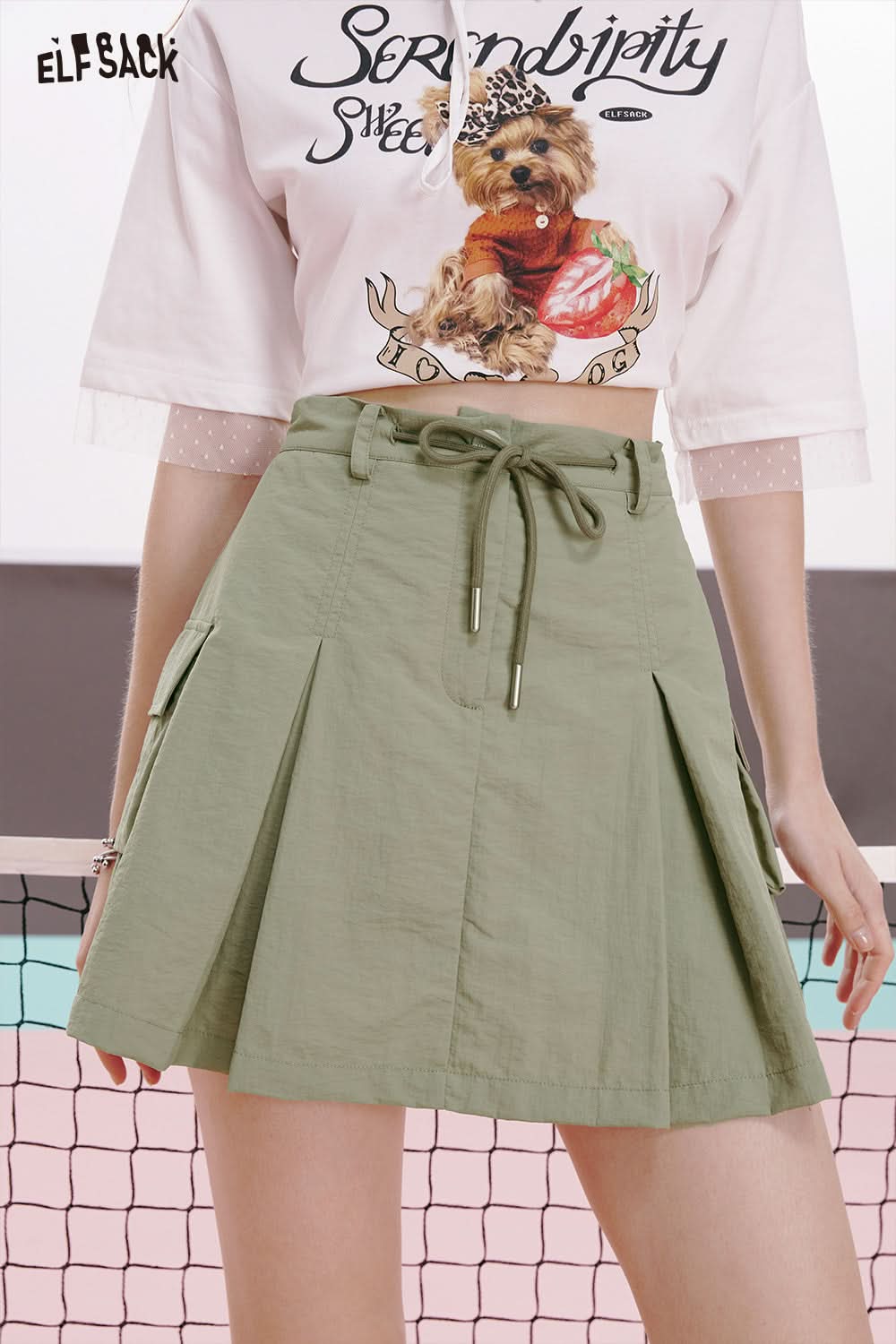 ELFSACK Green free style A-line workwear skirt pleated slimming hip-covering sports skirt