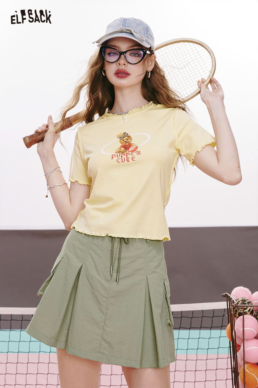 ELFSACK Green free style A-line workwear skirt pleated slimming hip-covering sports skirt