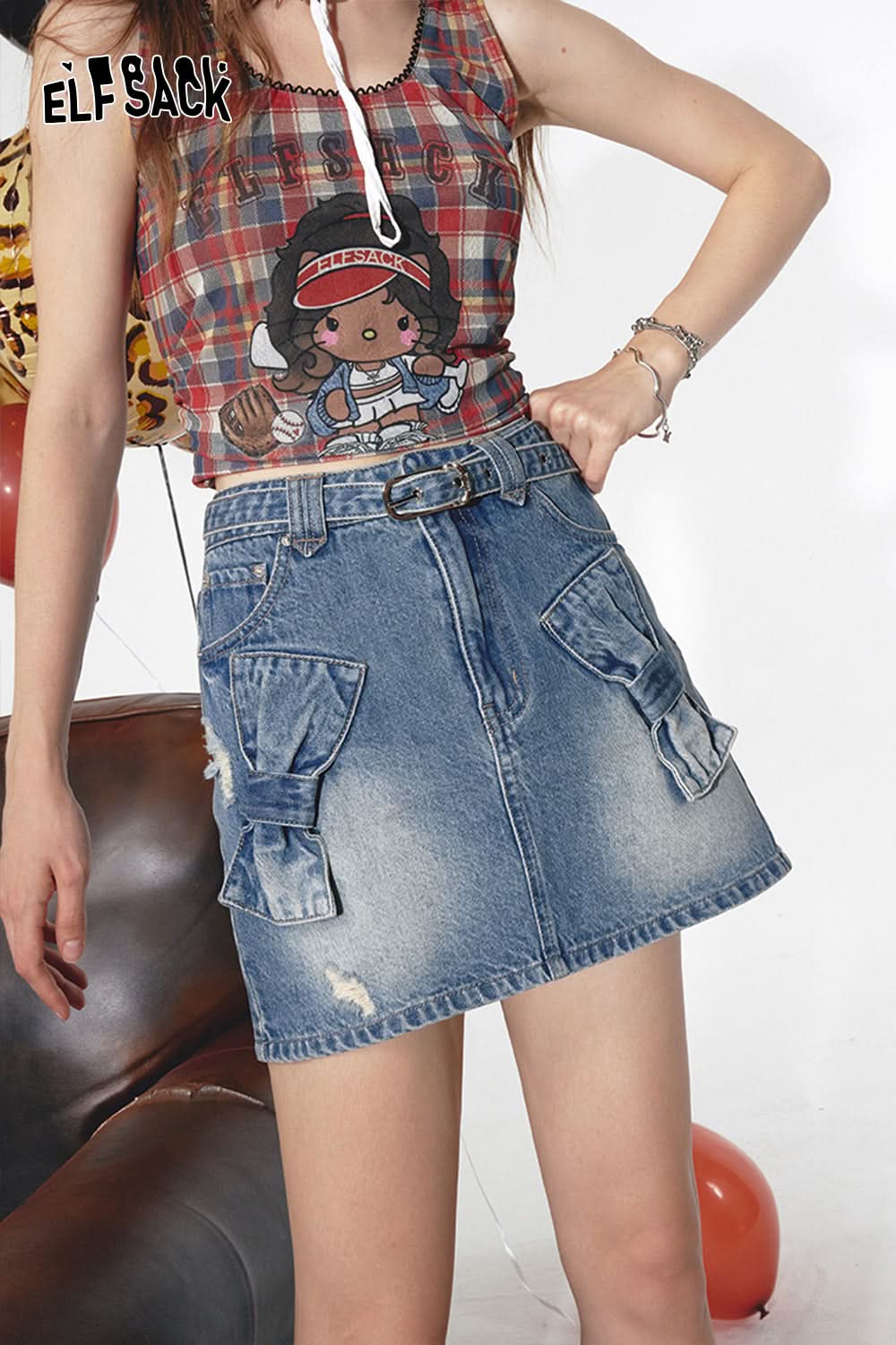 ELFSACK High waisted A-line washed denim midi skirt with bow design short skirt