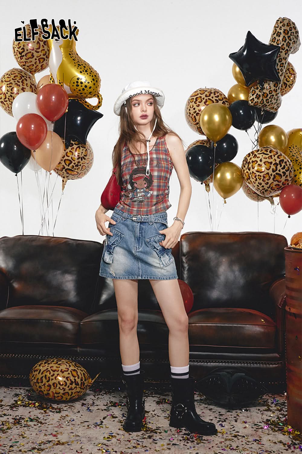 ELFSACK High waisted A-line washed denim midi skirt with bow design short skirt