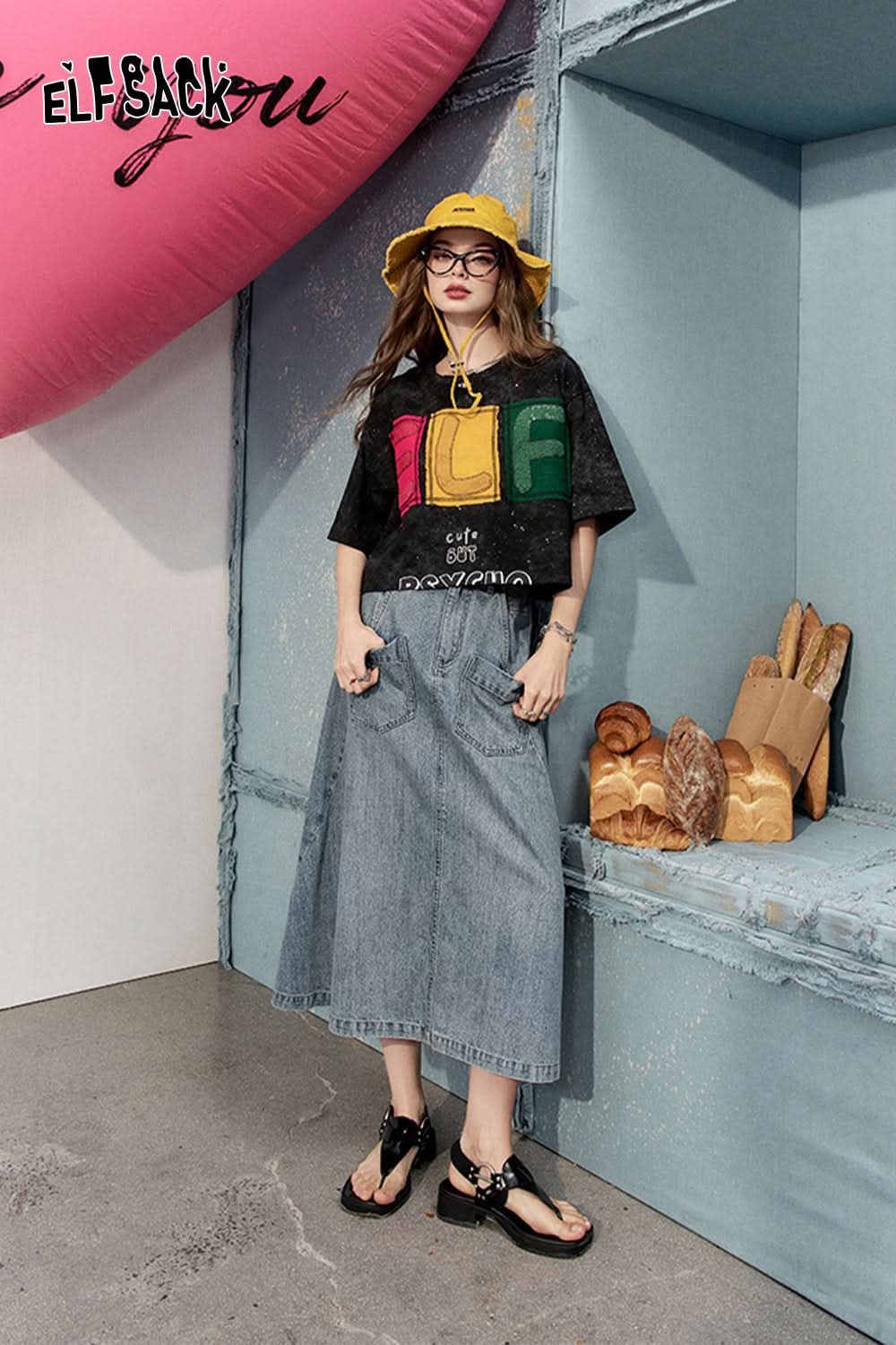 ELFSACK Retro denim skirt, women's casual versatile high waisted short skirt