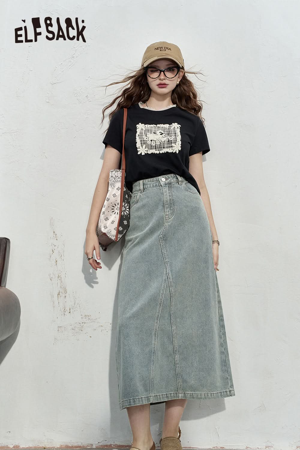 ELFSACK High waisted denim midi skirt's casual mid length skirt