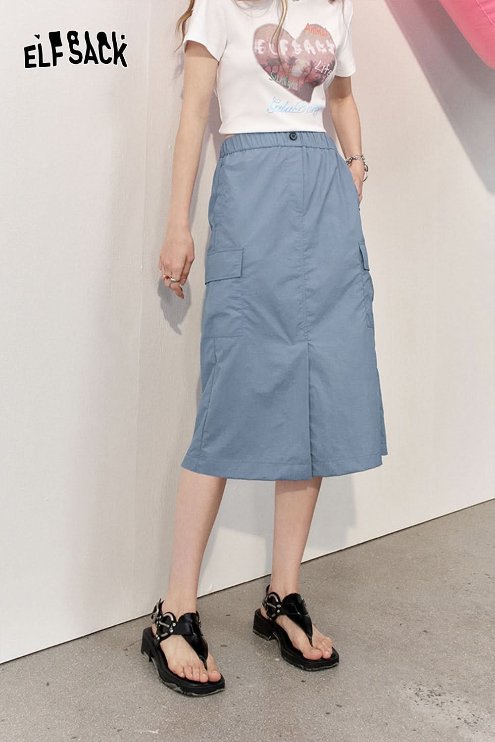 ELFSACK High waisted A-line skirt front slit design workwear mid length skirt