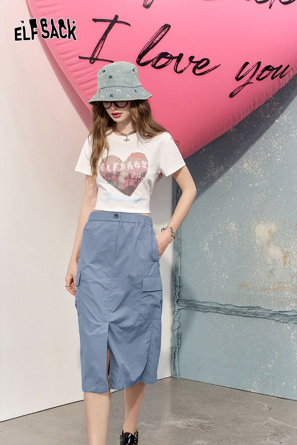 ELFSACK High waisted A-line skirt front slit design workwear mid length skirt