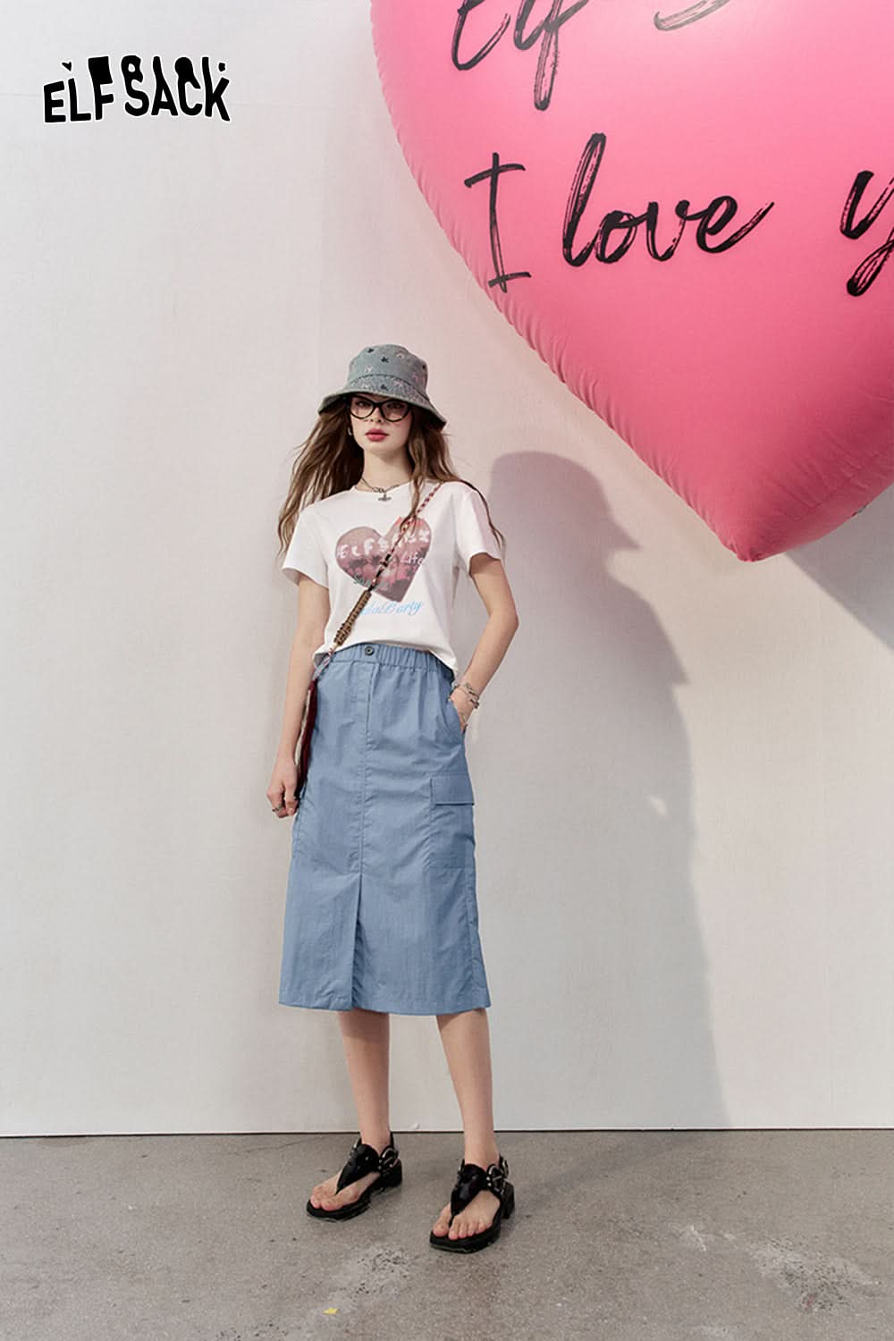 ELFSACK High waisted A-line skirt front slit design workwear mid length skirt