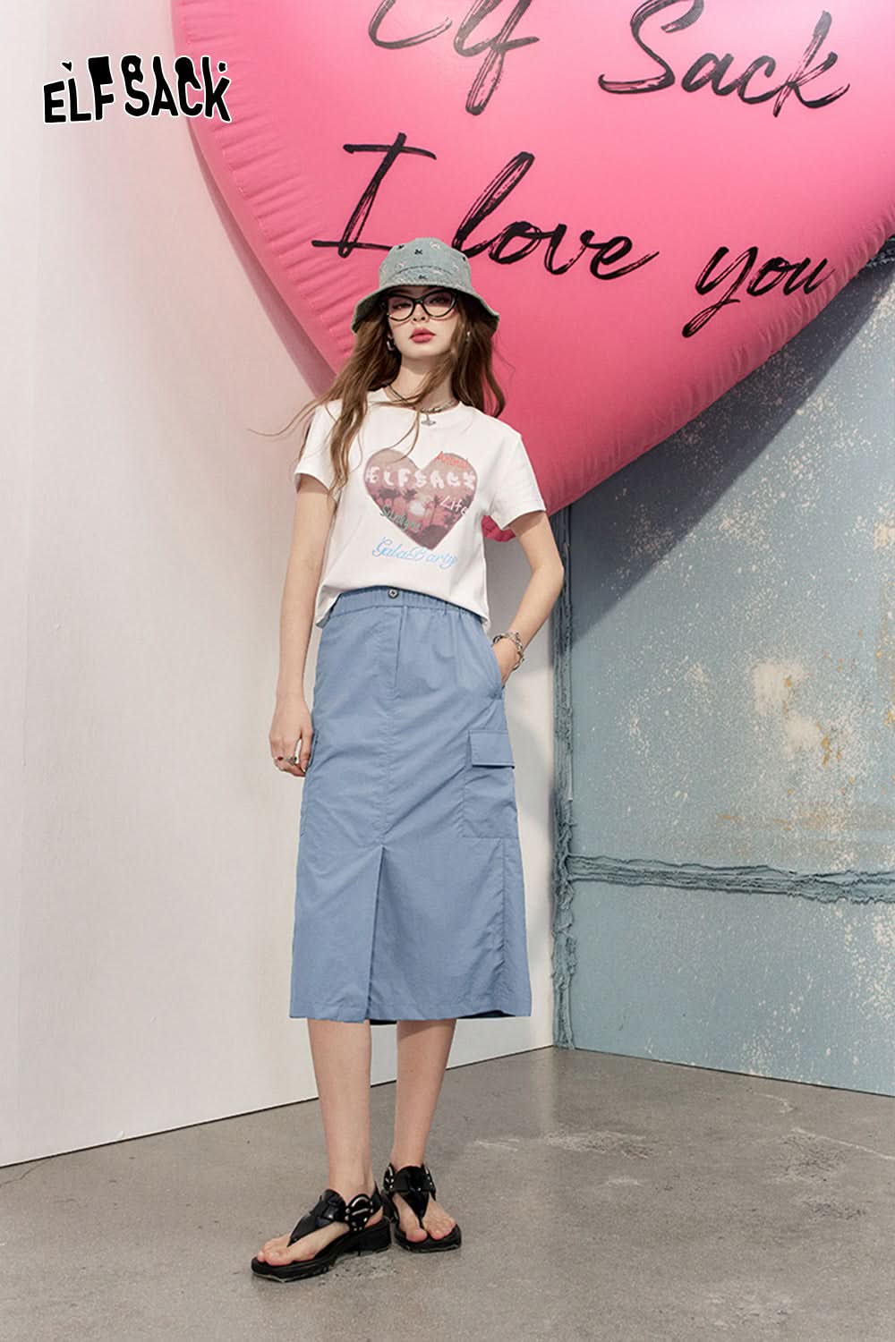 ELFSACK High waisted A-line skirt front slit design workwear mid length skirt