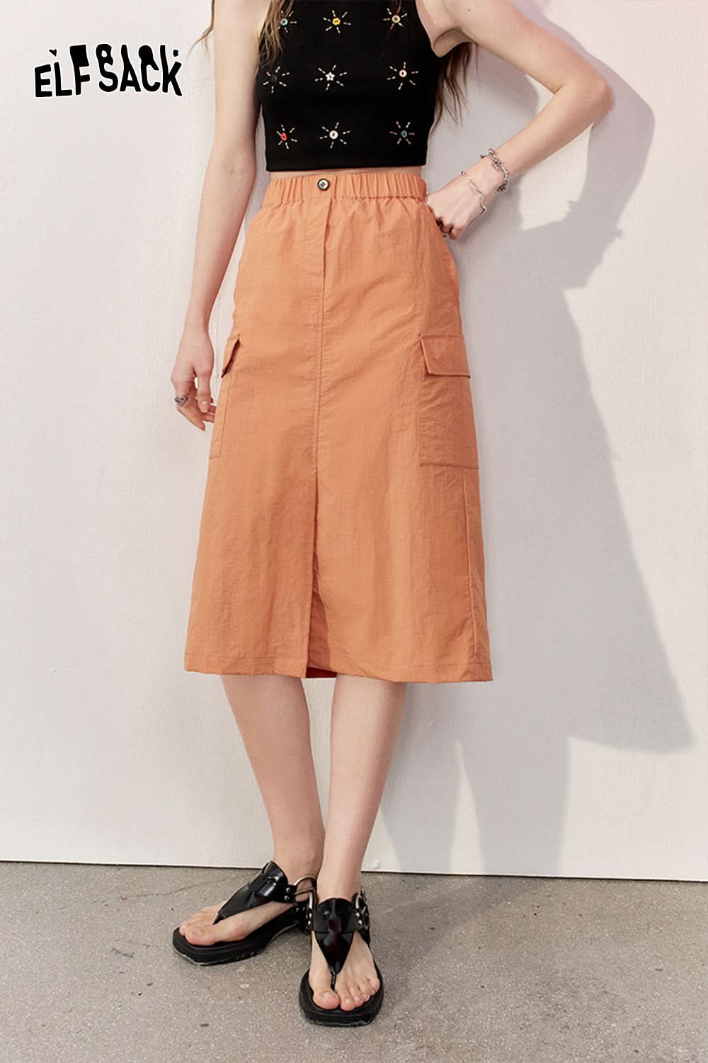 ELFSACK High waisted A-line skirt front slit design workwear mid length skirt