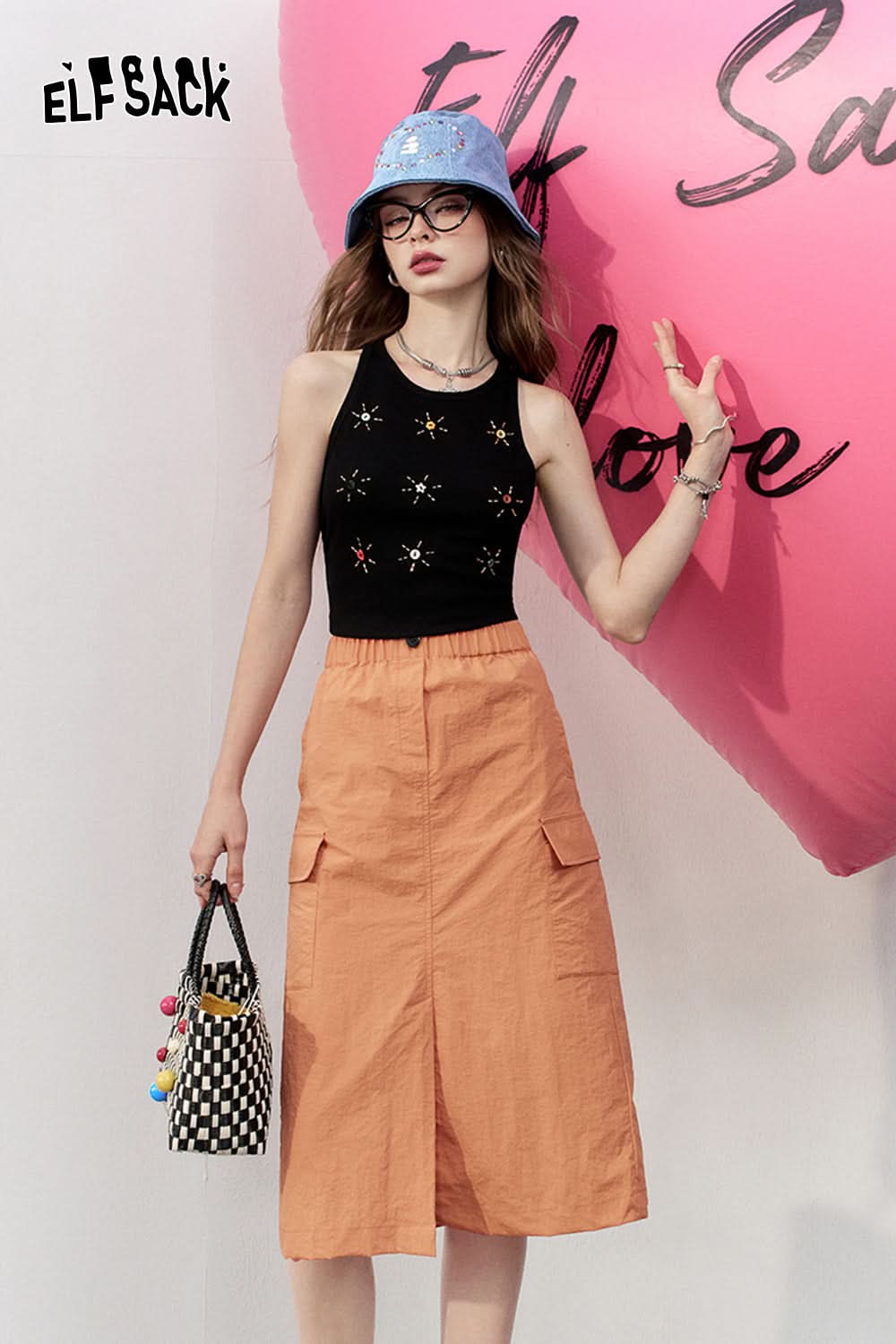 ELFSACK High waisted A-line skirt front slit design workwear mid length skirt