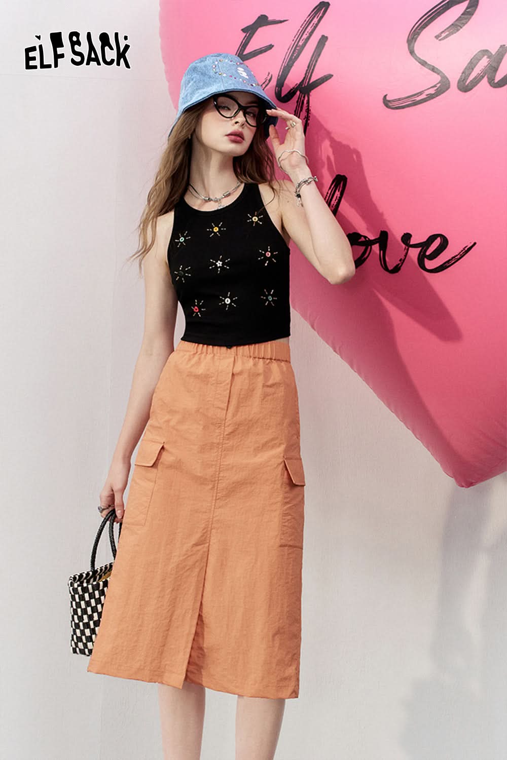 ELFSACK High waisted A-line skirt front slit design workwear mid length skirt