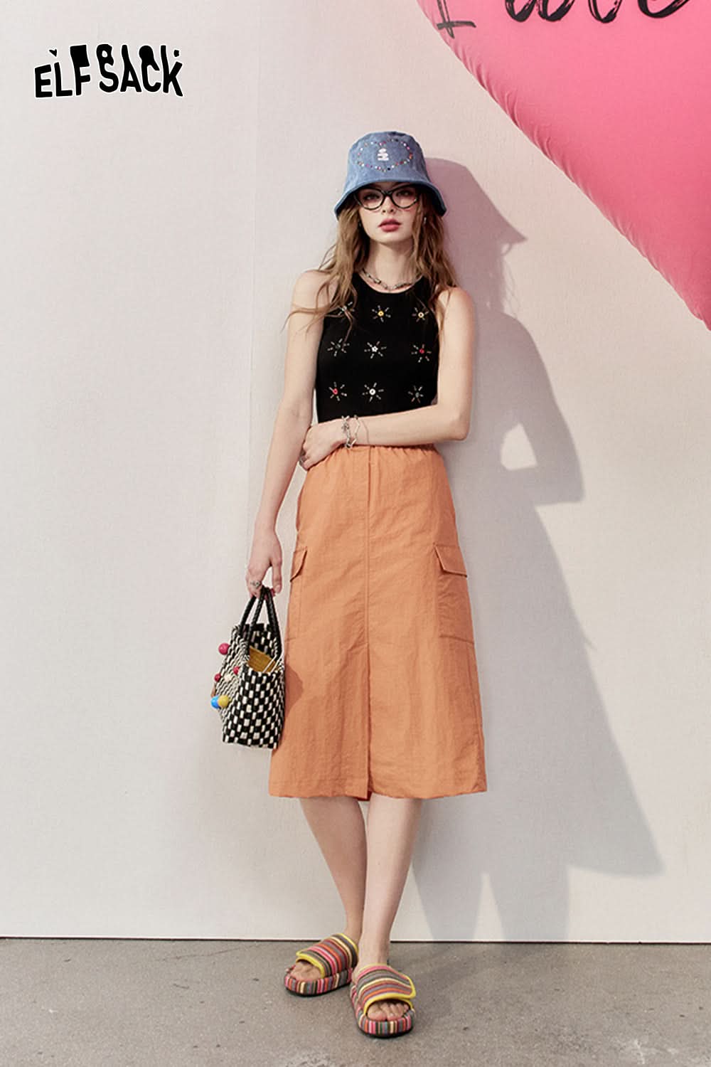 ELFSACK High waisted A-line skirt front slit design workwear mid length skirt