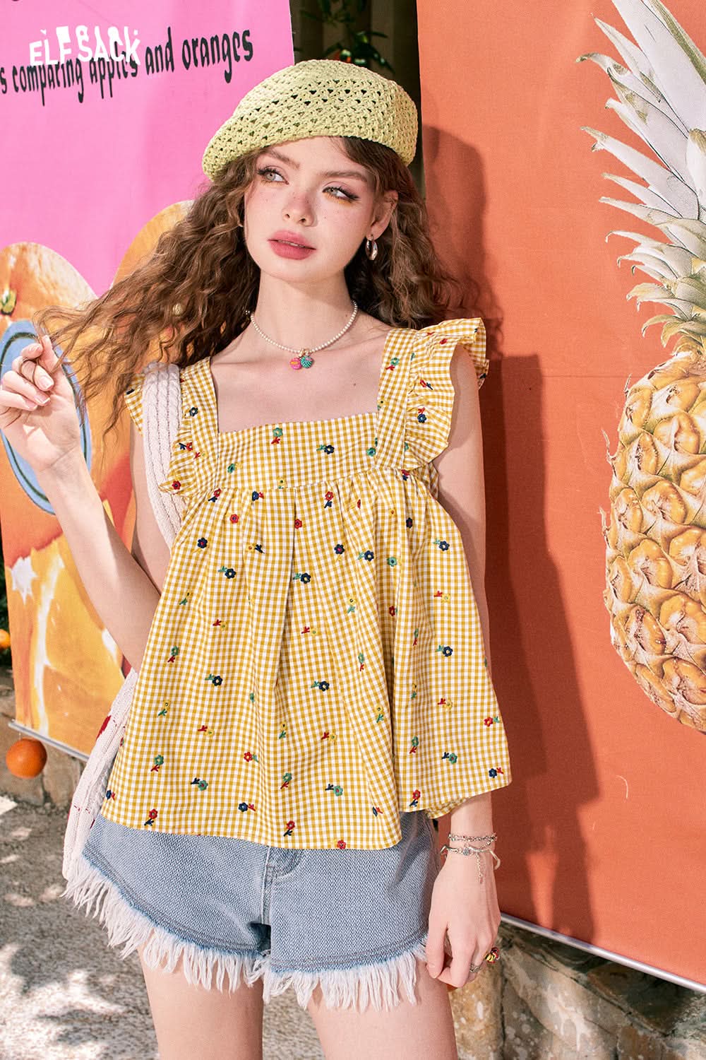 ELFSACK French flying sleeves green pastoral style floral suspenders sleeveless temperament chiffon shirt