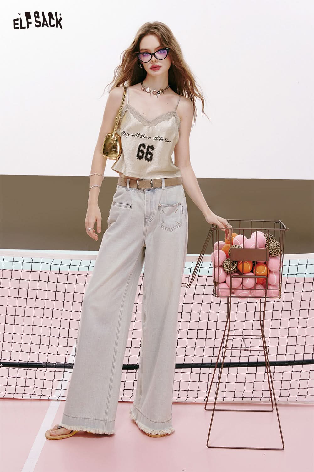ELFSACK Acetate lace stitching letter printing v-neck sexy all-match vest suspenders