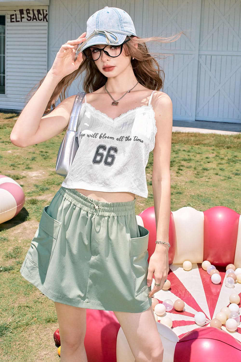 ELFSACK Acetate lace stitching letter printing v-neck sexy all-match vest suspenders