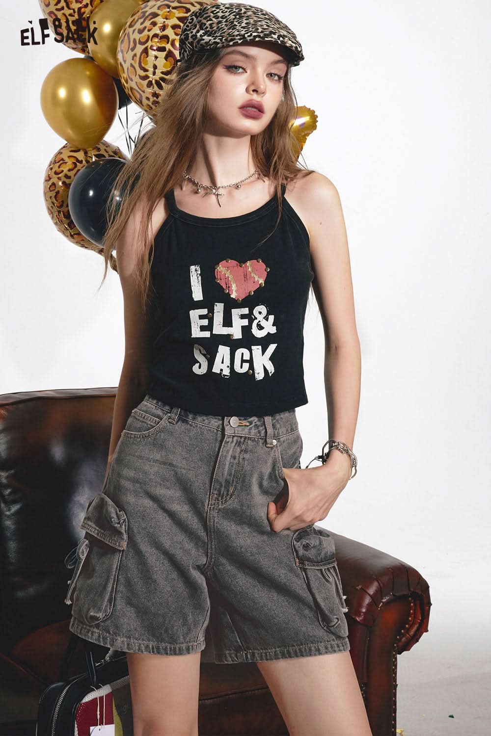 ELFSACK Rivet slim fit black knitted vest with camisole sweet and Cool Sleeveless Top