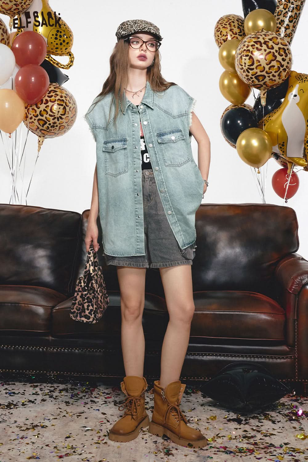 ELFSACK Rivet slim fit black knitted vest with camisole sweet and Cool Sleeveless Top