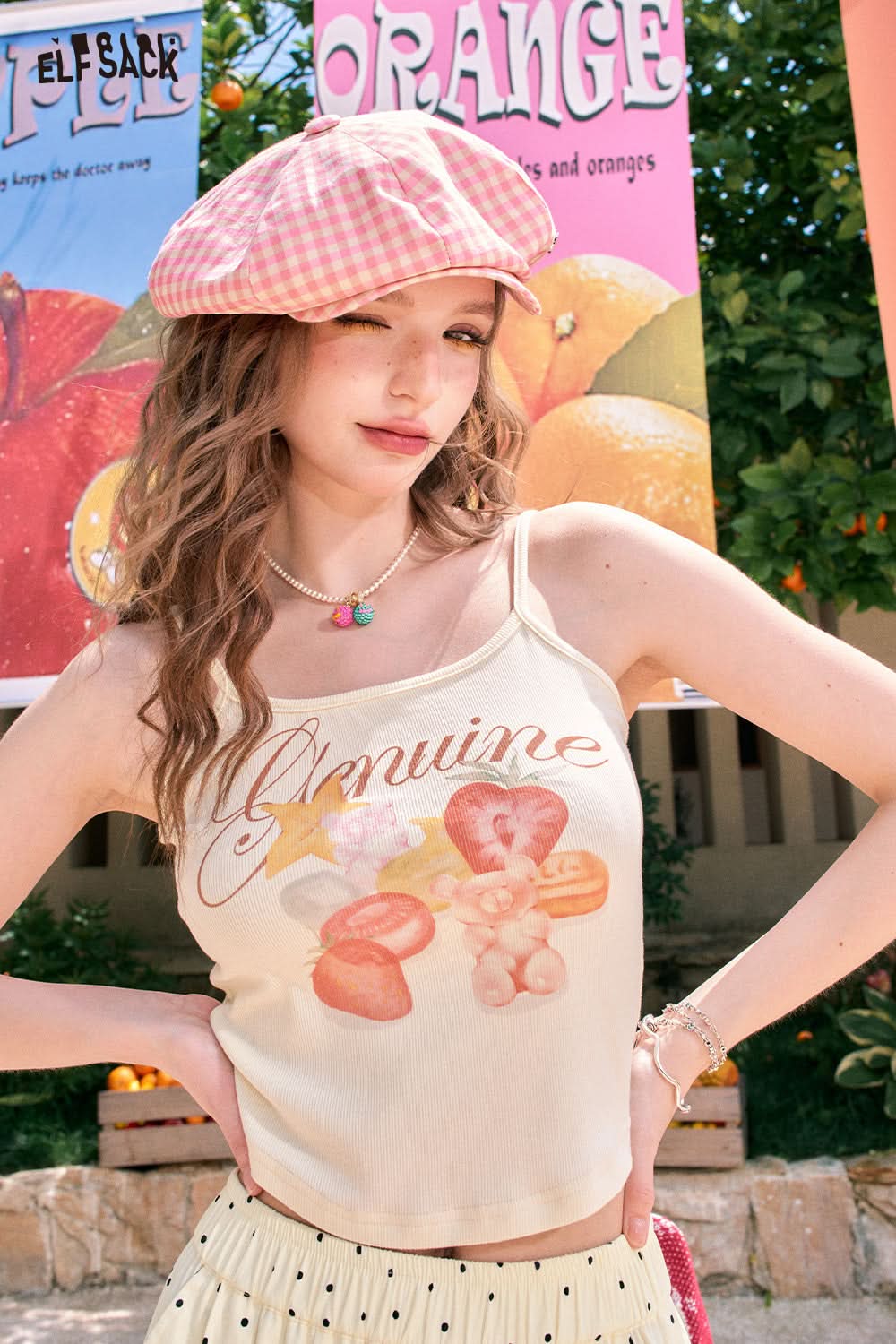 ELFSACK Fruit cartoon print sweet and spicy slim fit white vest camisole
