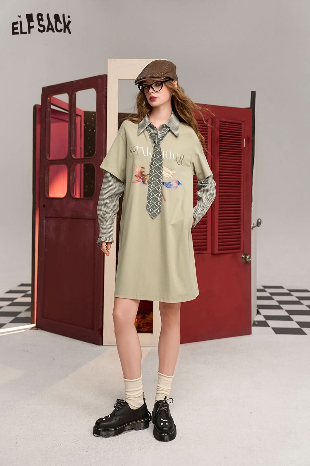 ELFSACK College Khaki Fake Two-piece Plaid Splicing Printed Design Sweater Dress