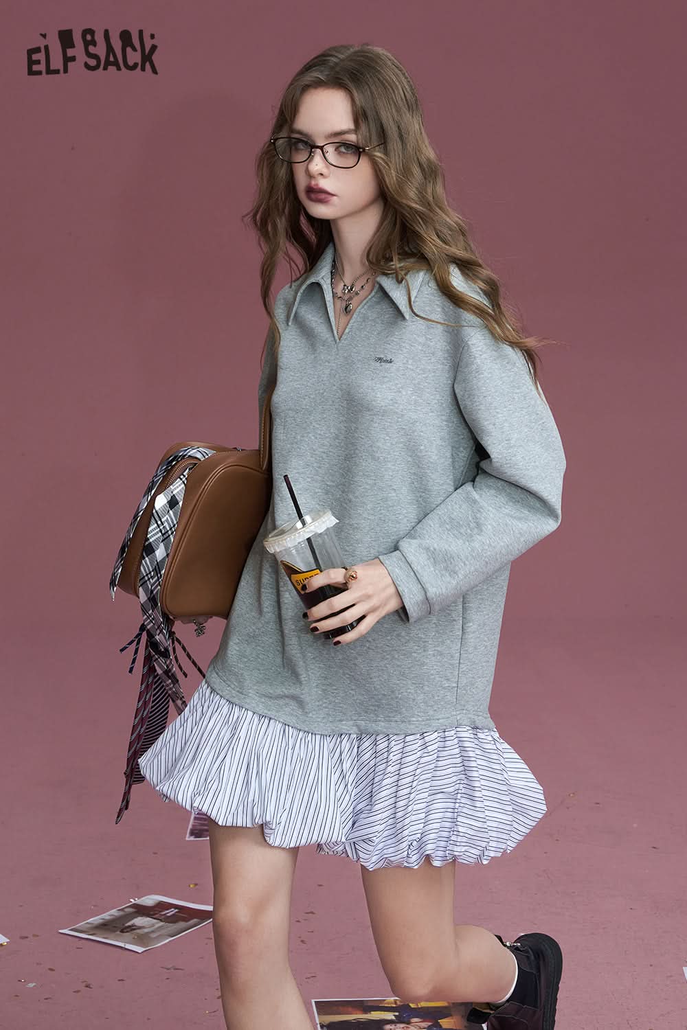 ELFSACK Gray temperament letter embroidery small design shirt splicing dress