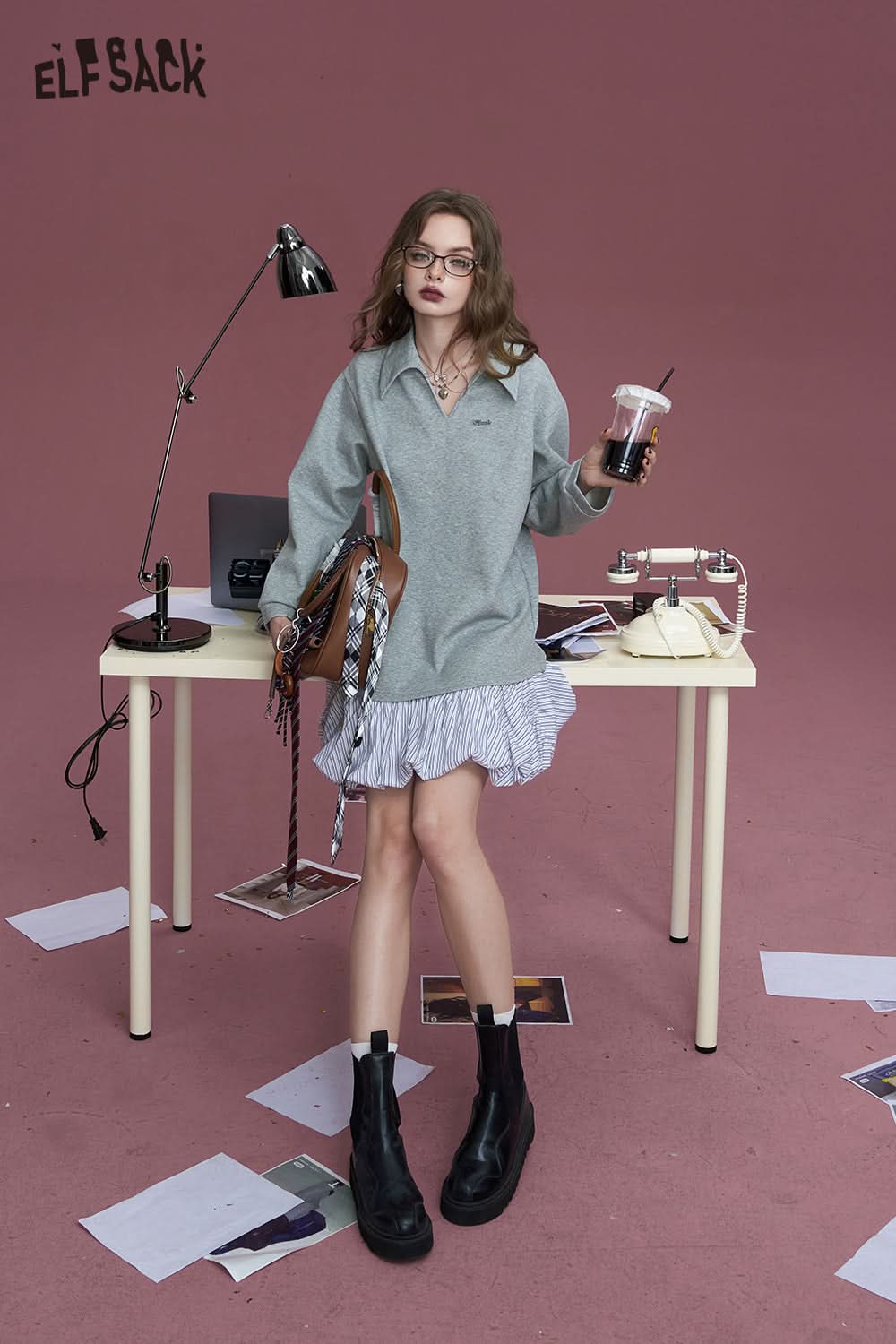 ELFSACK Gray temperament letter embroidery small design shirt splicing dress