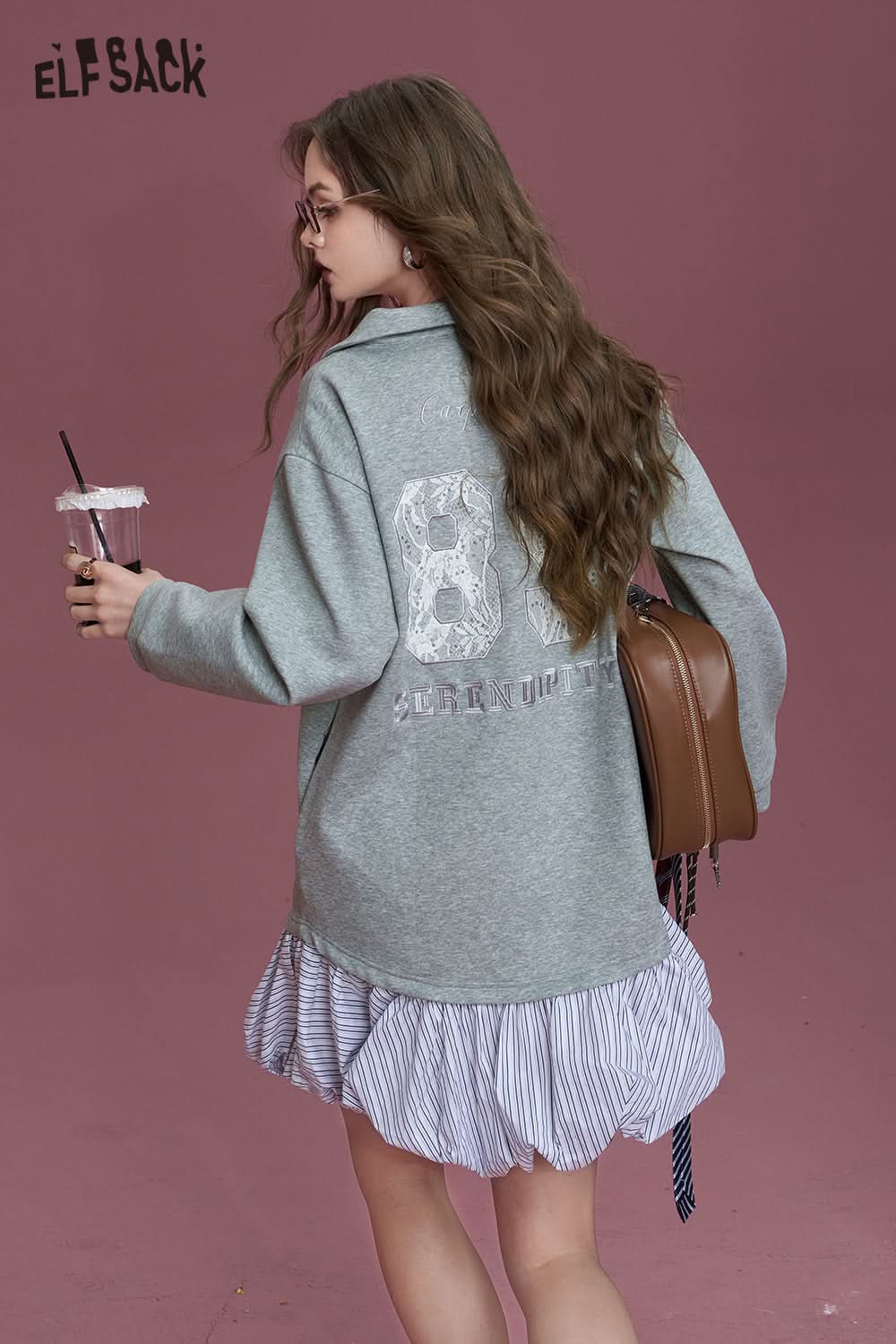 ELFSACK Gray temperament letter embroidery small design shirt splicing dress