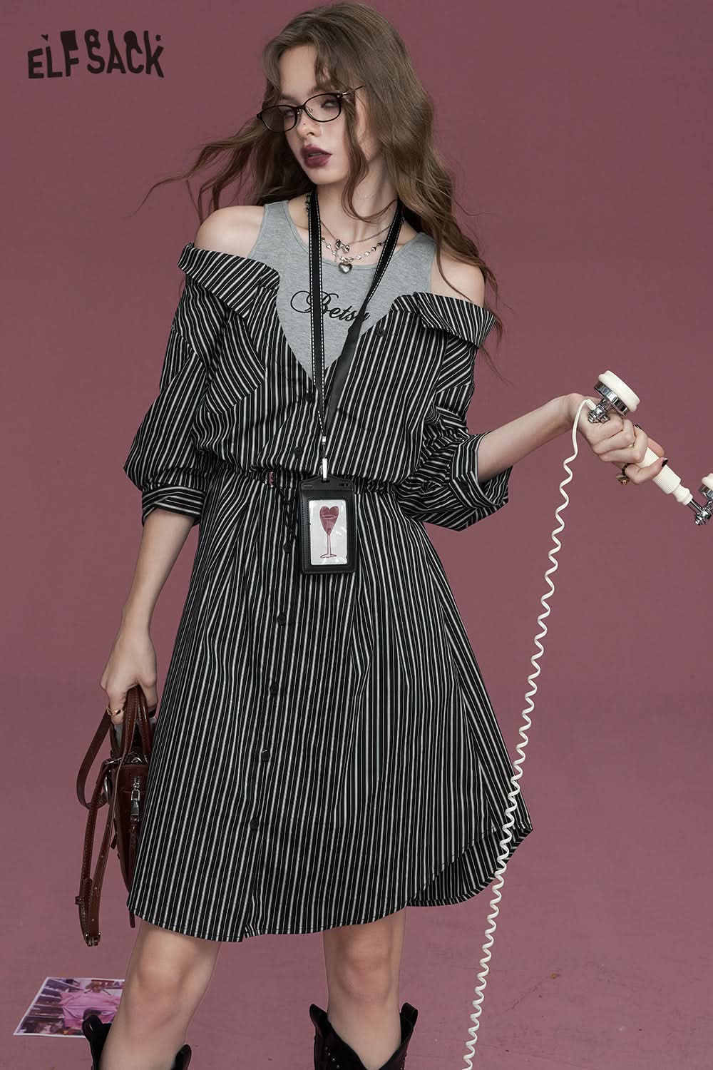 ELFSACK Black striped button fake two-piece off-shoulder waist slimming temperament shirt dress