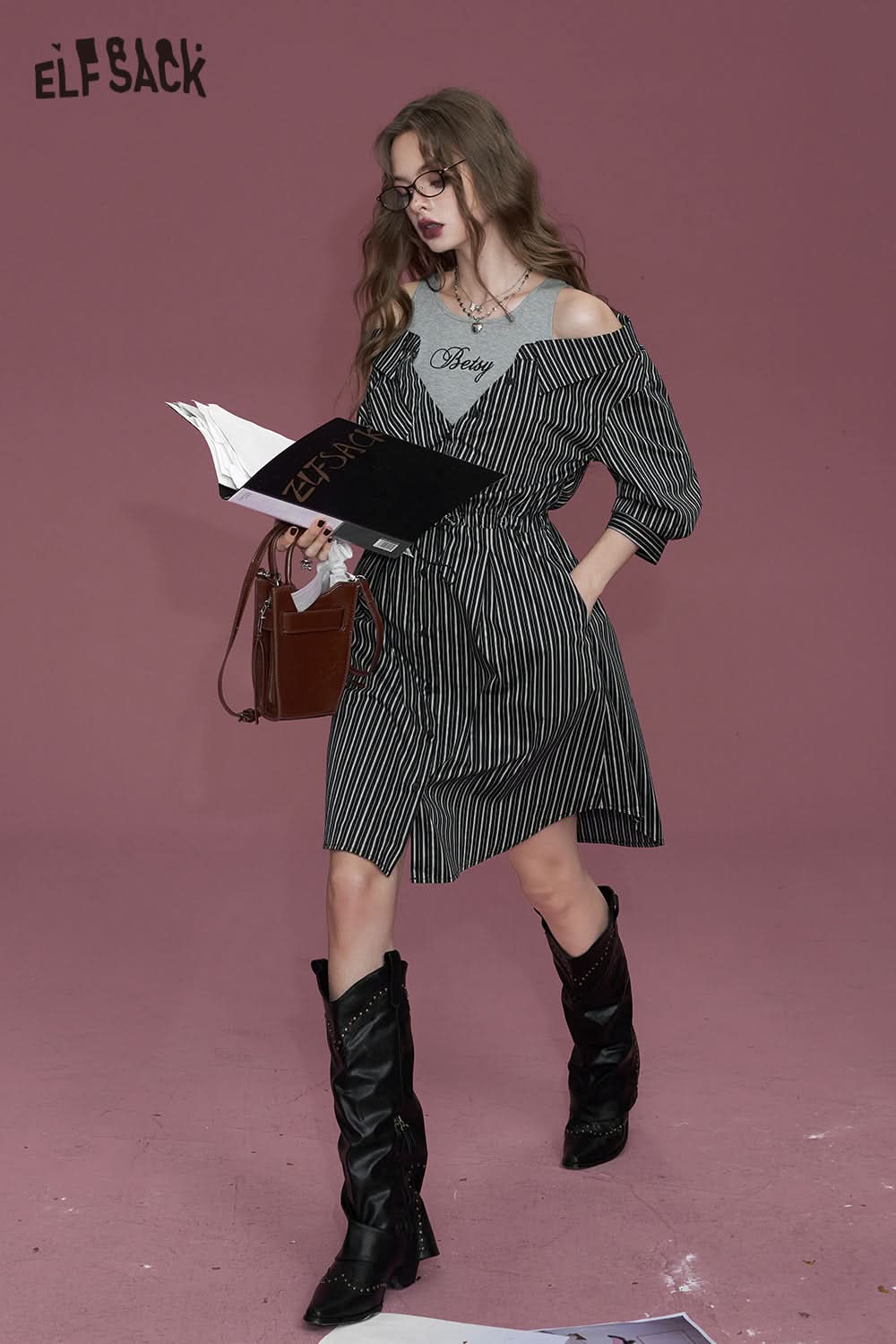 ELFSACK Black striped button fake two-piece off-shoulder waist slimming temperament shirt dress