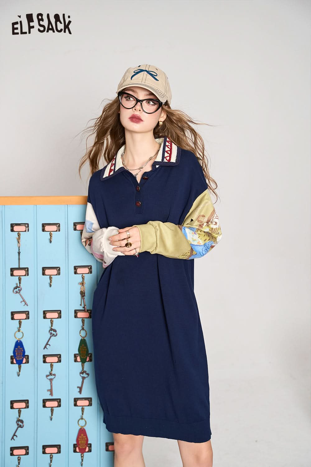 ELFSACK Navy blue college style H-shaped printed patchwork petite slim dress