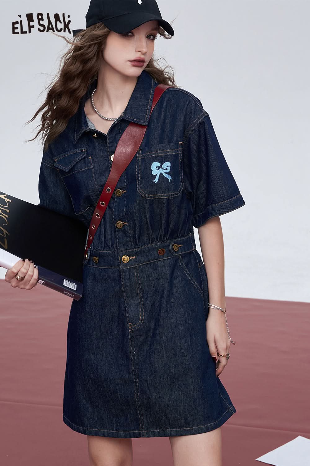 ELFSACK French denim dark blue high-end temperament waist slimming dress